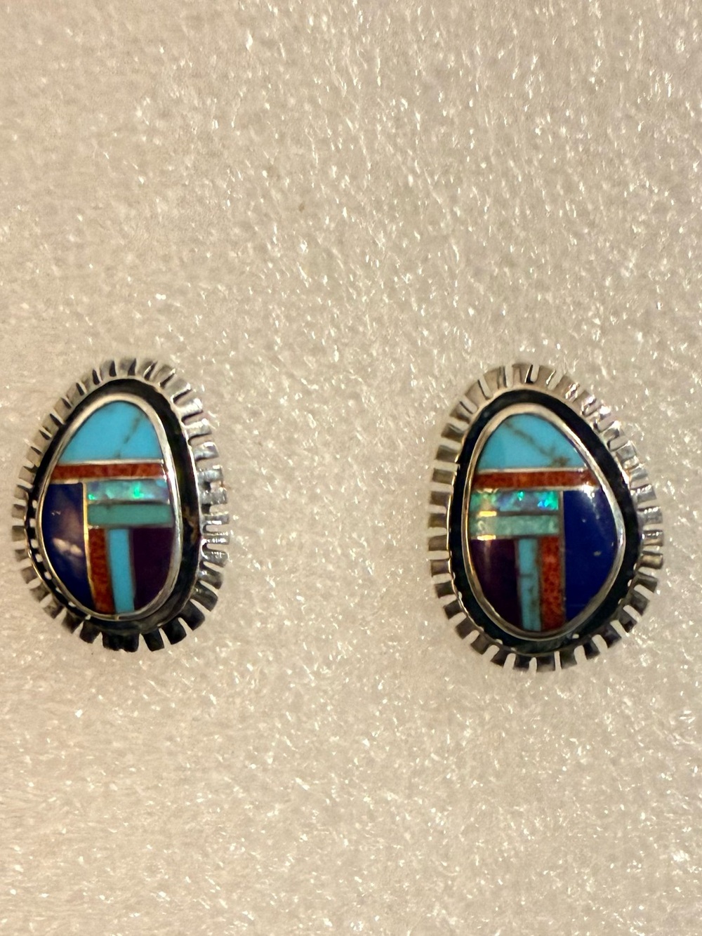 Vintage Zuni Turquoise Red Coral Sterling Silver Zuni Inlay Mosaic Earrings